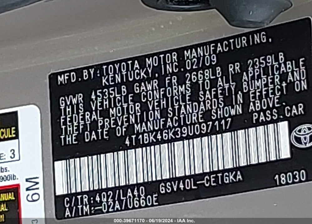 2009 TOYOTA CAMRY XLE V6 VIN: 4T1BK46K39U097117