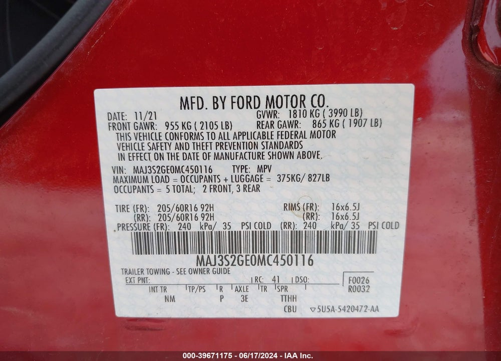 2021 FORD ECOSPORT SE VIN: MAJ3S2GE0MC450116