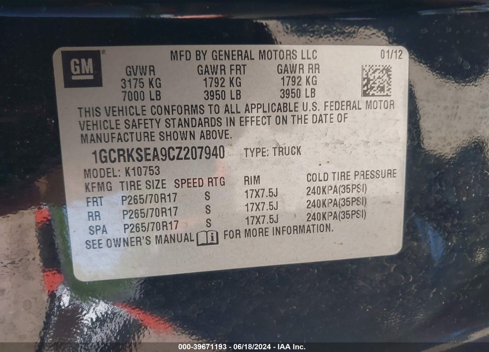 2012 CHEVROLET SILVERADO 1500 LT VIN: 1GCRKSEA9CZ207940