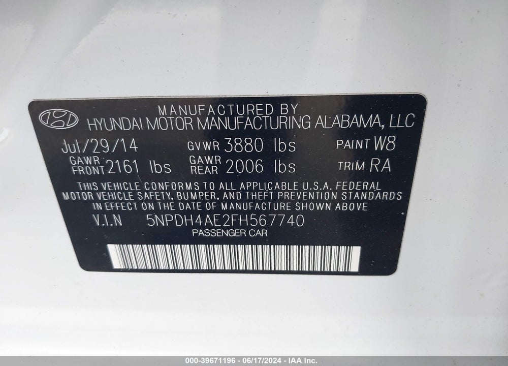 2015 HYUNDAI ELANTRA SE VIN: 5NPDH4AE2FH567740