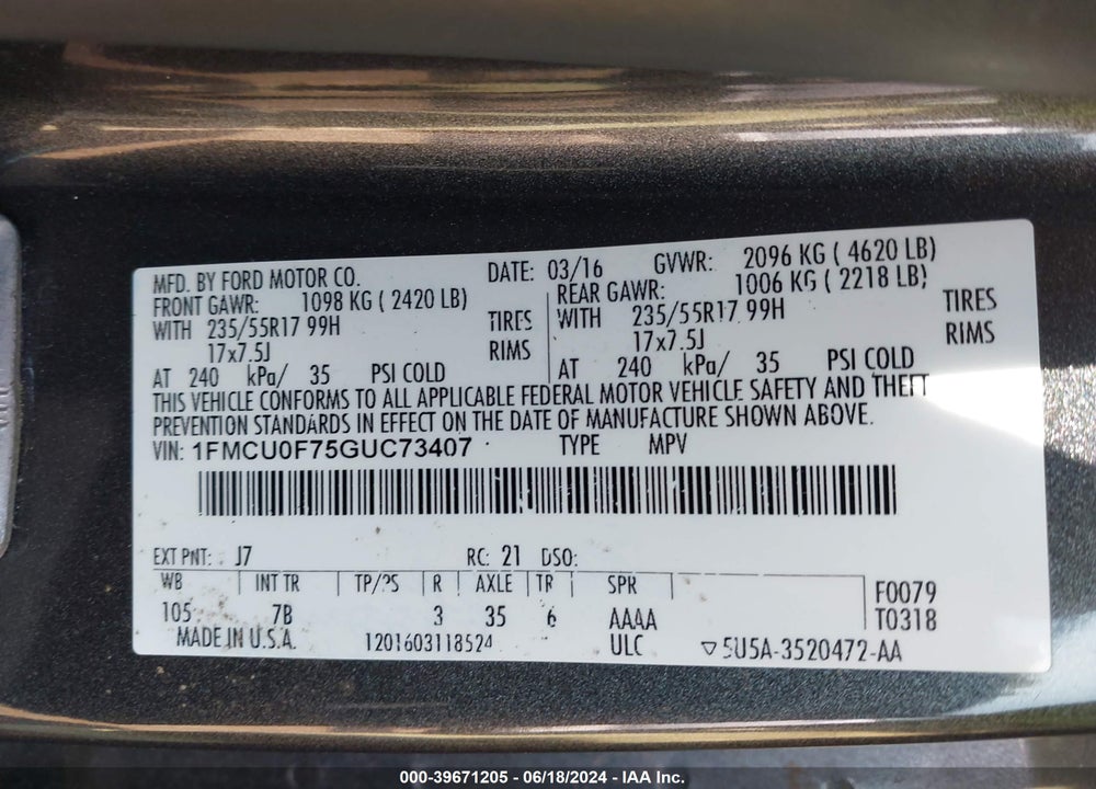 2016 FORD ESCAPE S VIN: 1FMCU0F75GUC73407