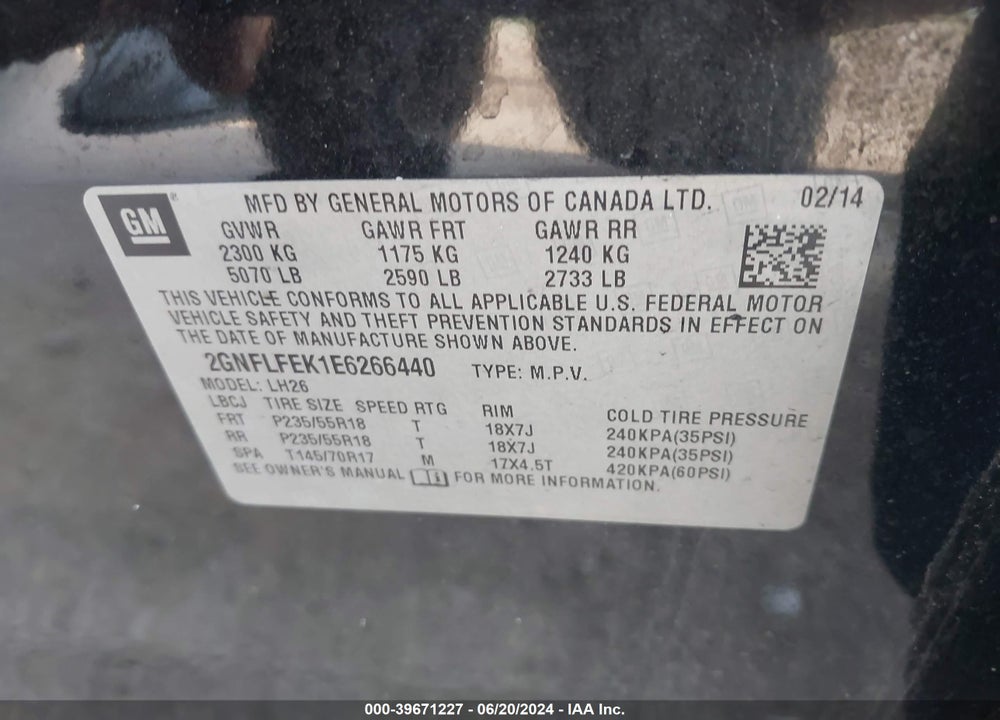 2014 CHEVROLET EQUINOX 1LT VIN: 2GNFLFEK1E6266440