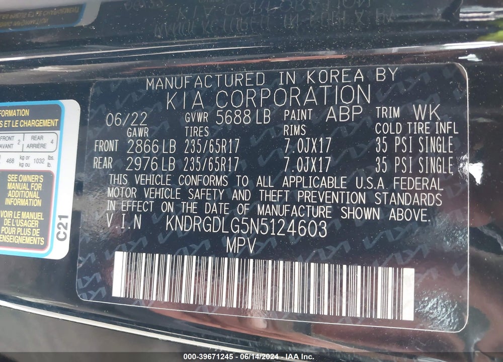 2022 KIA SORENTO HYBRID S VIN: KNDRGDLG5N5124603
