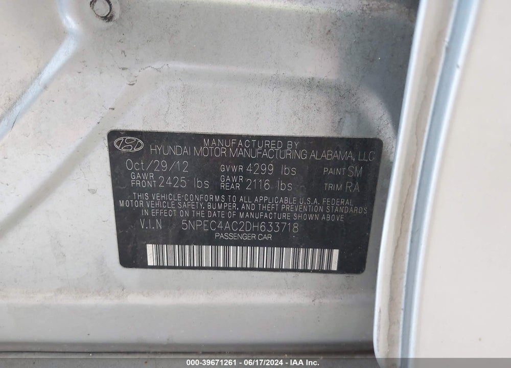 2013 HYUNDAI SONATA LIMITED VIN: 5NPEC4AC2DH633718