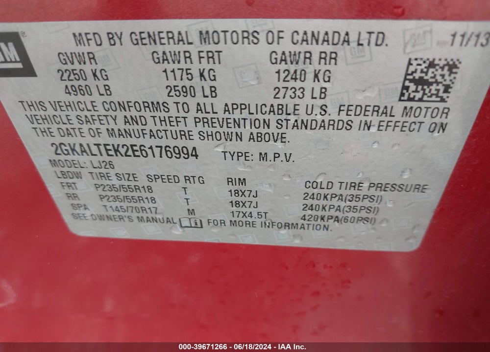 2014 GMC TERRAIN SLT-2 VIN: 2GKALTEK2E6176994