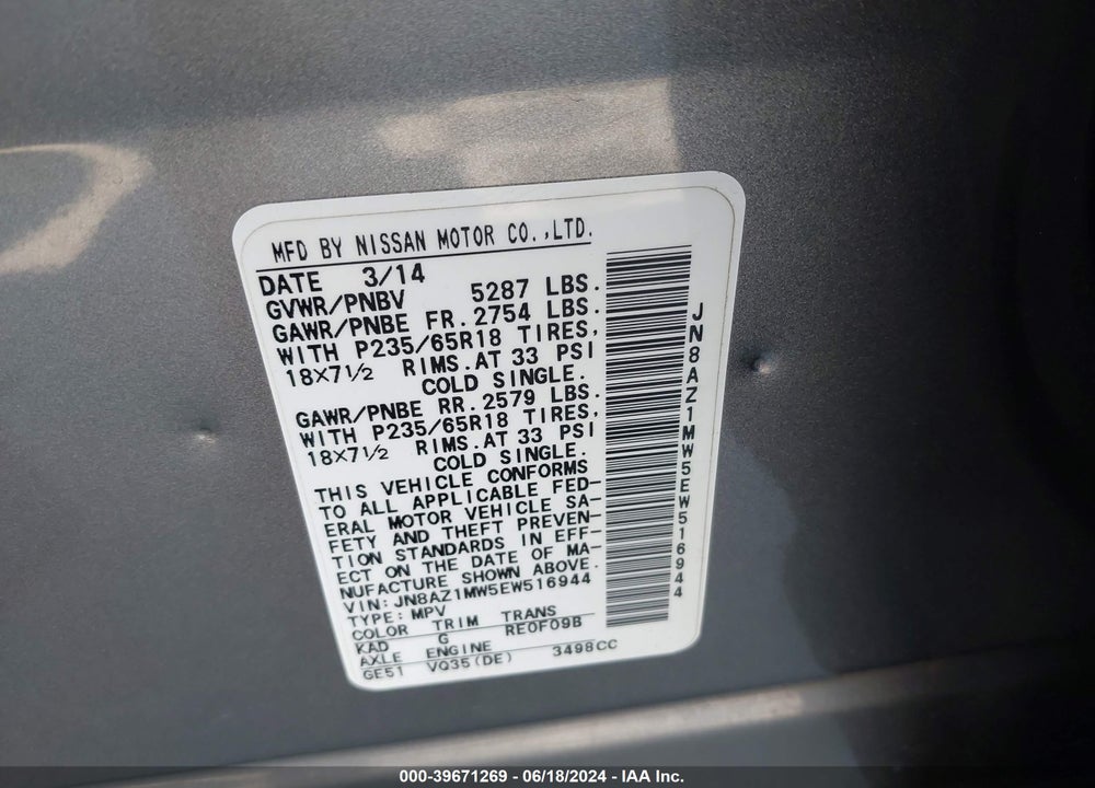 2014 NISSAN MURANO SL VIN: JN8AZ1MW5EW516944