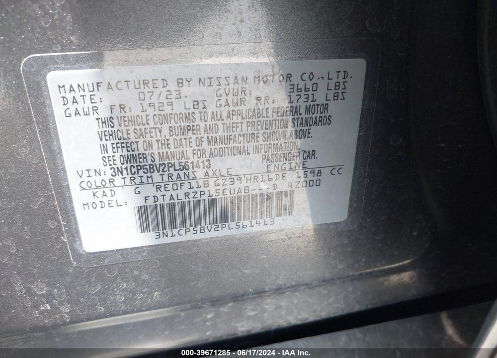 2023 NISSAN KICKS S XTRONIC CVT VIN: 3N1CP5BV2PL561413