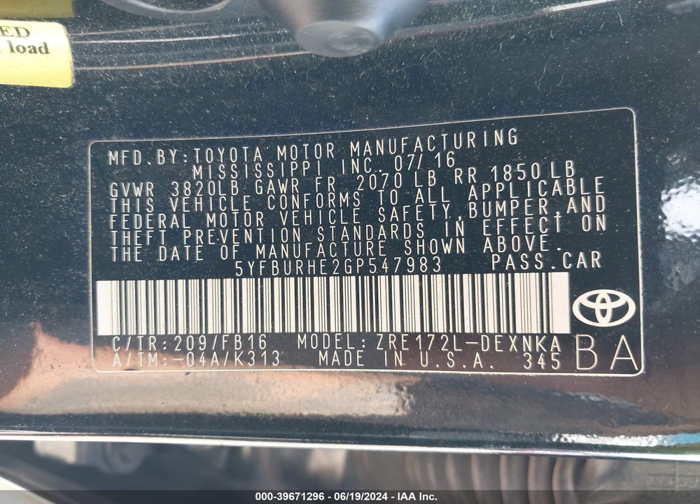 2016 TOYOTA COROLLA LE PLUS VIN: 5YFBURHE2GP547983