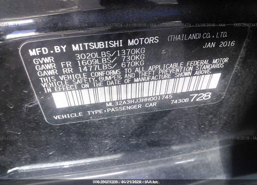 2017 MITSUBISHI MIRAGE ES VIN: ML32A3HJ3HH001745