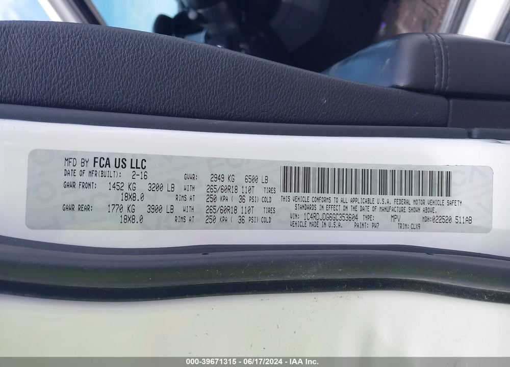 2016 DODGE DURANGO LIMITED VIN: 1C4RDJDG6GC353604