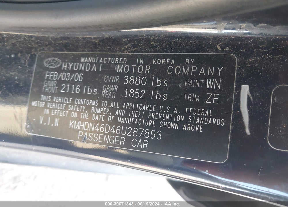 2006 HYUNDAI ELANTRA GLS/LIMITED VIN: KMHDN46D46U287893