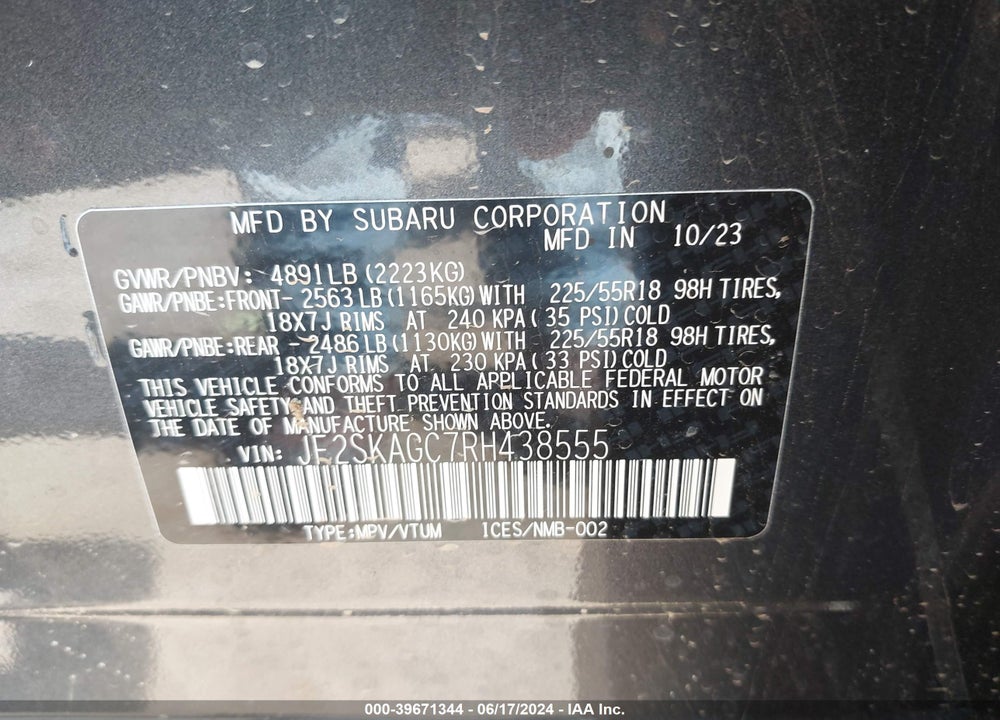 2024 SUBARU FORESTER SPORT VIN: JF2SKAGC7RH438555