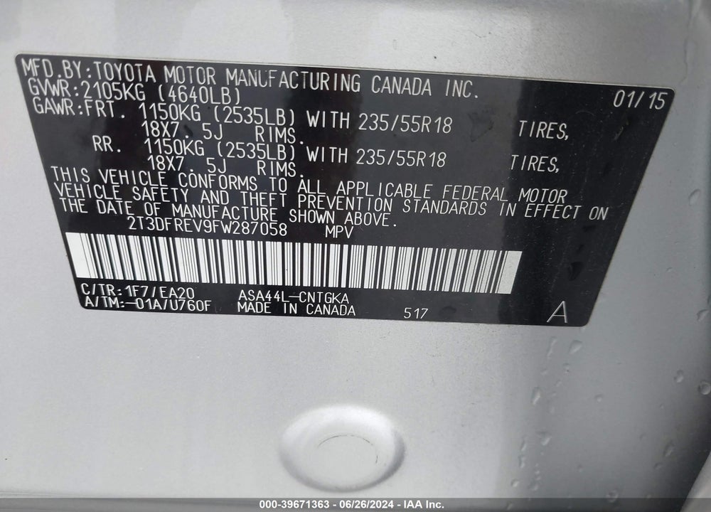 2015 TOYOTA RAV4 LIMITED VIN: 2T3DFREV9FW287058