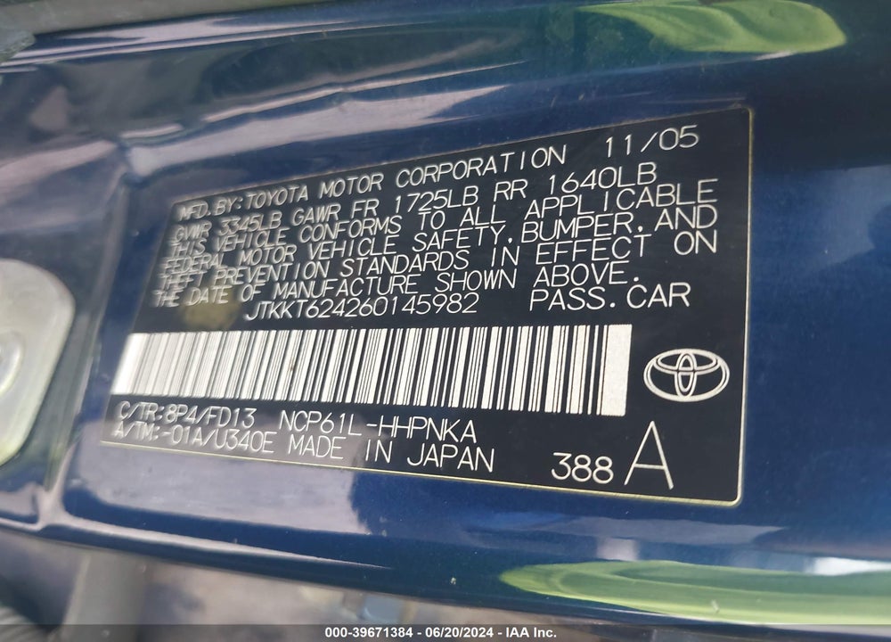 2006 SCION XA VIN: JTKKT624260145982