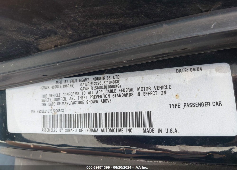 2005 SUBARU LEGACY 2.5I VIN: 4S3BL616757206503