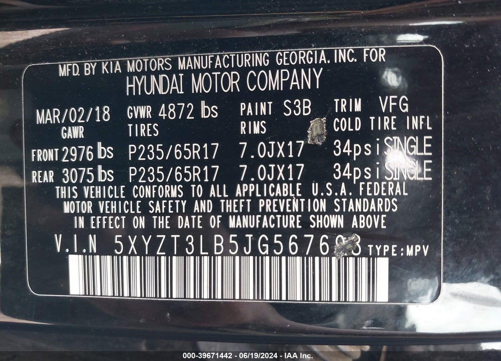 2018 HYUNDAI SANTA FE SPORT 2.4L VIN: 5XYZT3LB5JG567698