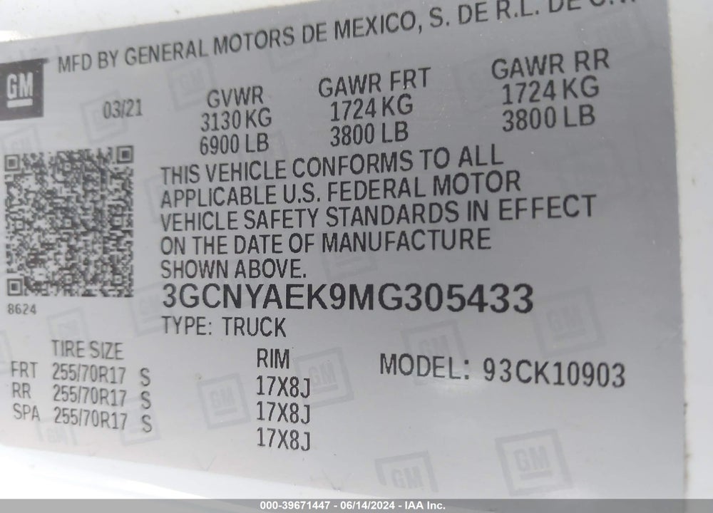 2021 CHEVROLET SILVERADO 1500 4WD REGULAR CAB LONG BED WT VIN: 3GCNYAEK9MG305433