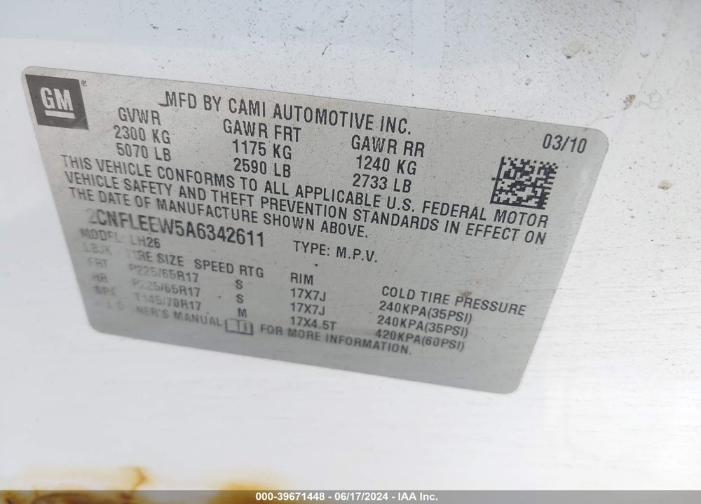 2010 CHEVROLET EQUINOX LT VIN: 2CNFLEEW5A6342611