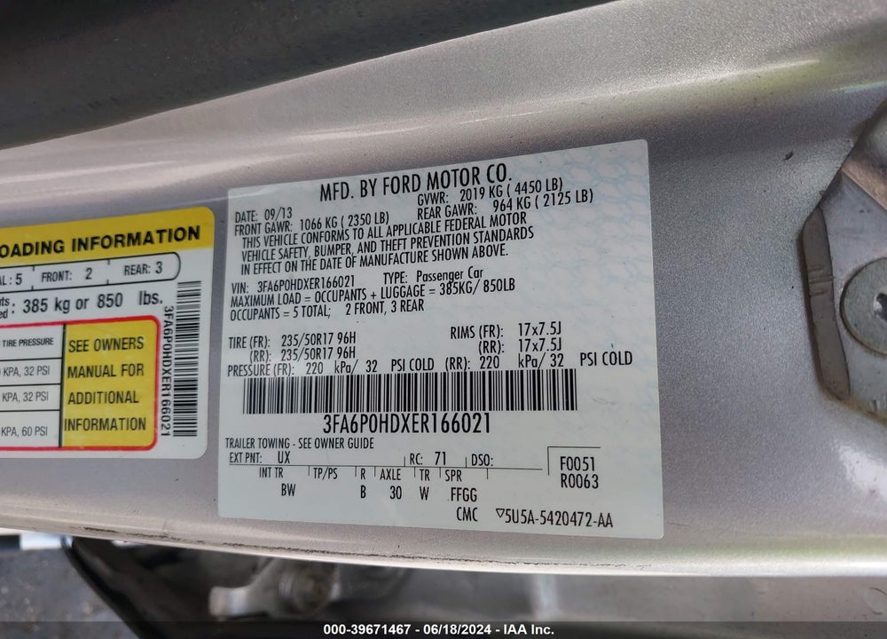 2014 FORD FUSION SE VIN: 3FA6P0HDXER166021