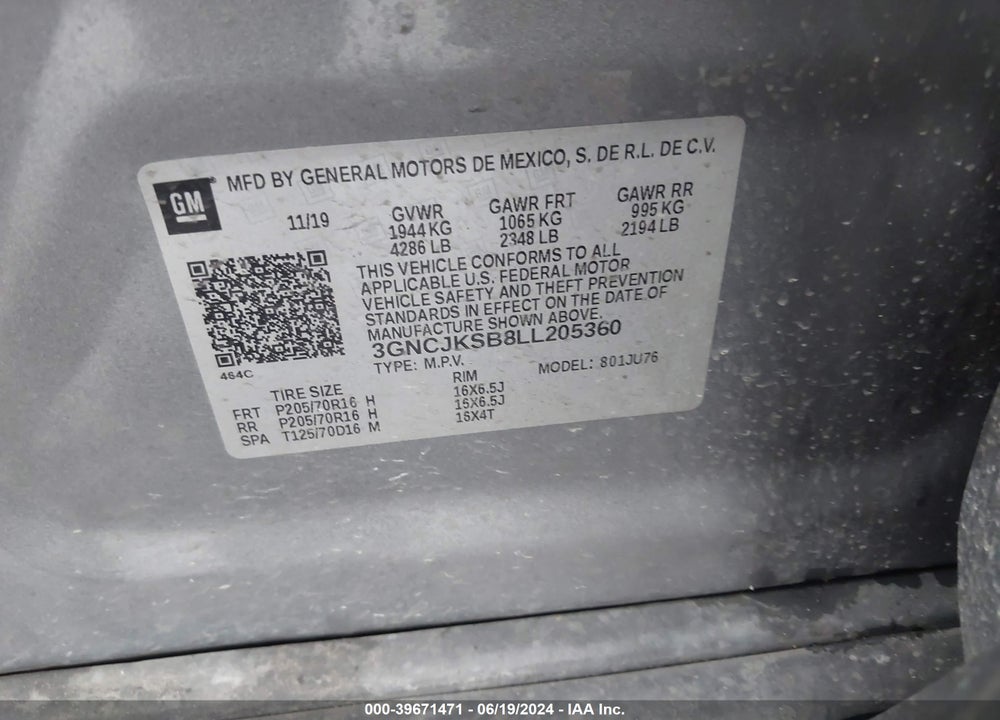 2020 CHEVROLET TRAX FWD LS VIN: 3GNCJKSB8LL205360