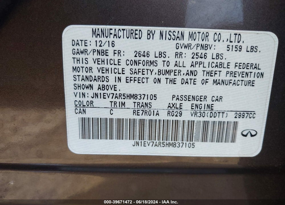 2017 INFINITI Q50 3.0T PREMIUM VIN: JN1EV7AR5HM837105