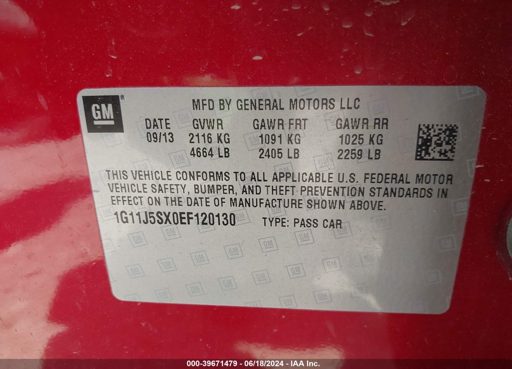 2014 CHEVROLET MALIBU 2LZ VIN: 1G11J5SX0EF120130