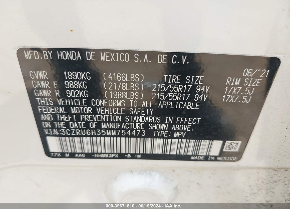 2021 HONDA HR-V AWD LX VIN: 3CZRU6H35MM754473