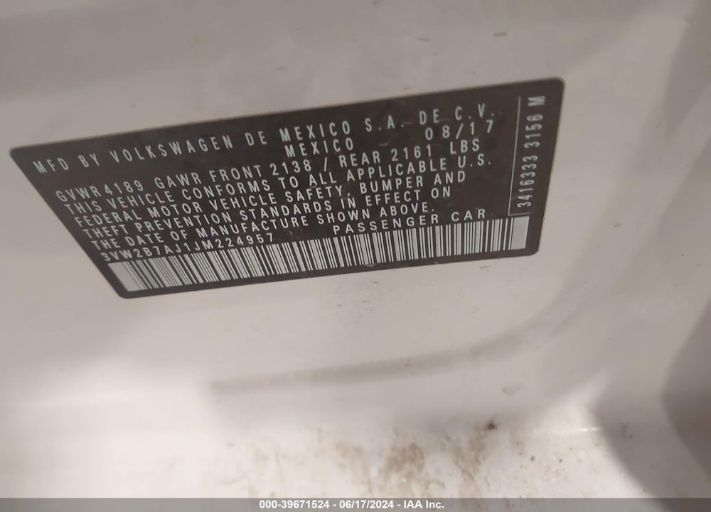 2018 VOLKSWAGEN JETTA 1.4T S VIN: 3VW2B7AJ1JM224957