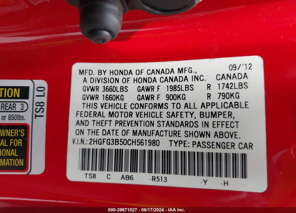 2012 HONDA CIVIC LX VIN: 2HGFG3B50CH561980