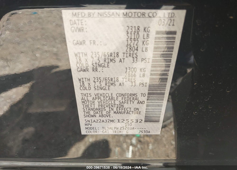 2021 NISSAN MURANO S FWD VIN: 5N1AZ2AJ2MC125532
