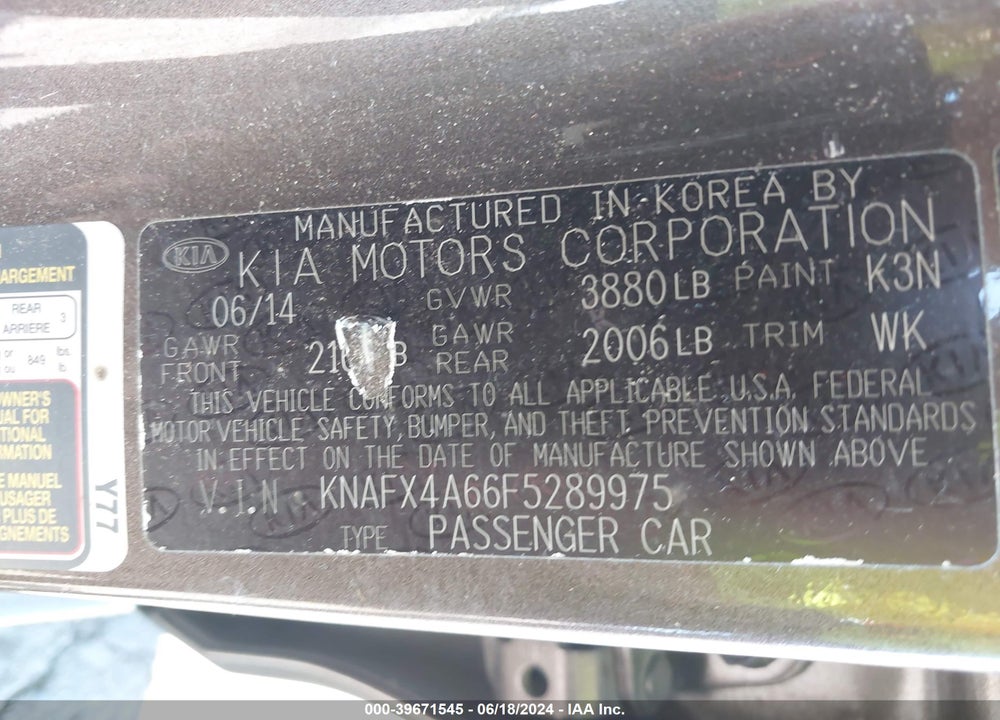 2015 KIA FORTE LX VIN: KNAFX4A66F5289975