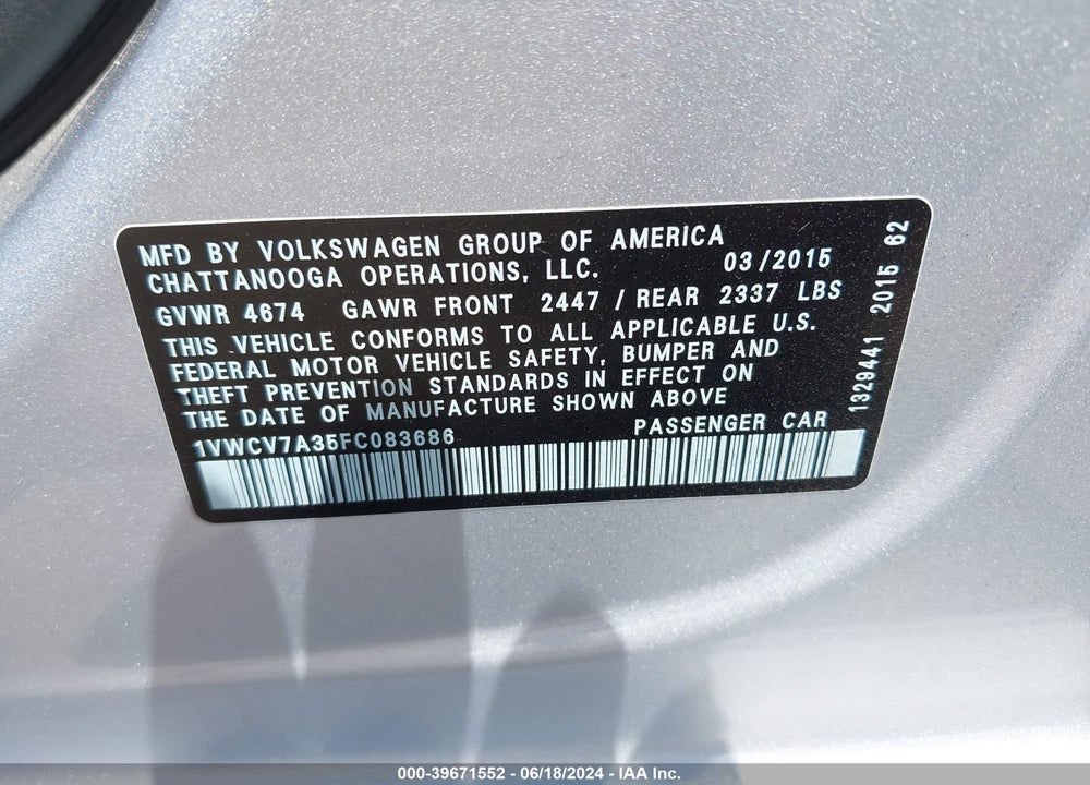 2015 VOLKSWAGEN PASSAT 2.0L TDI SEL PREMIUM VIN: 1VWCV7A35FC083686