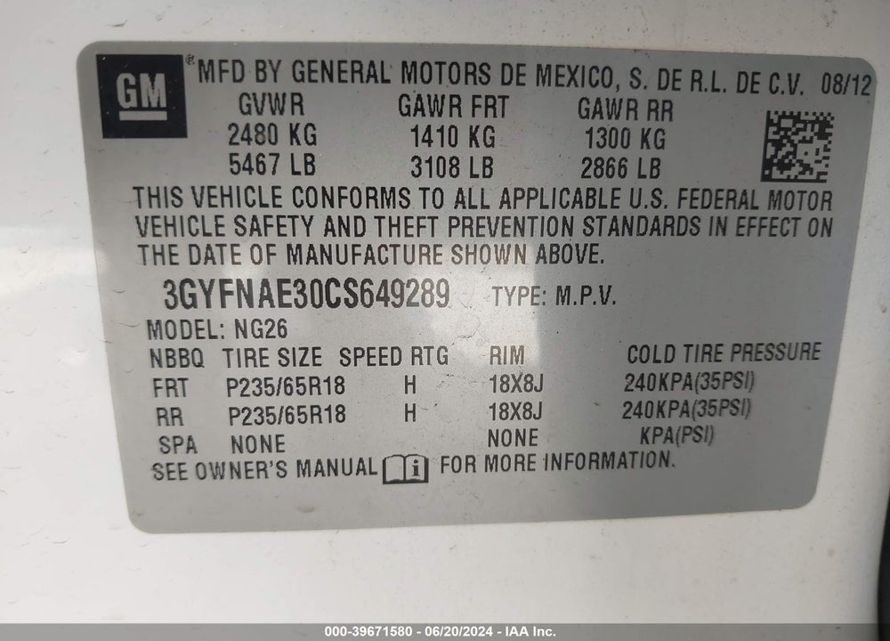 2012 CADILLAC SRX LUXURY COLLECTION VIN: 3GYFNAE30CS649289