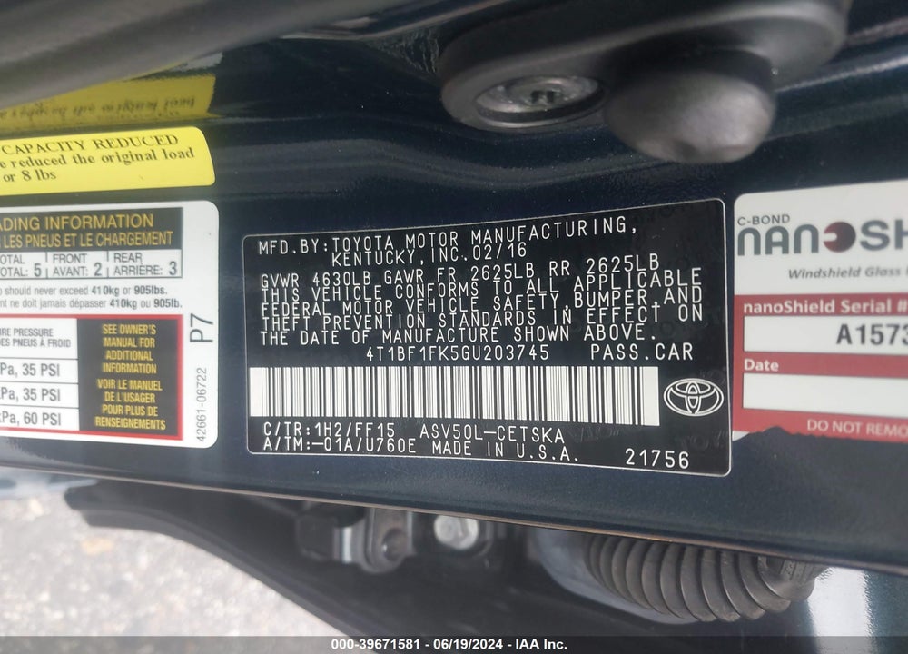 2016 TOYOTA CAMRY SE VIN: 4T1BF1FK5GU203745