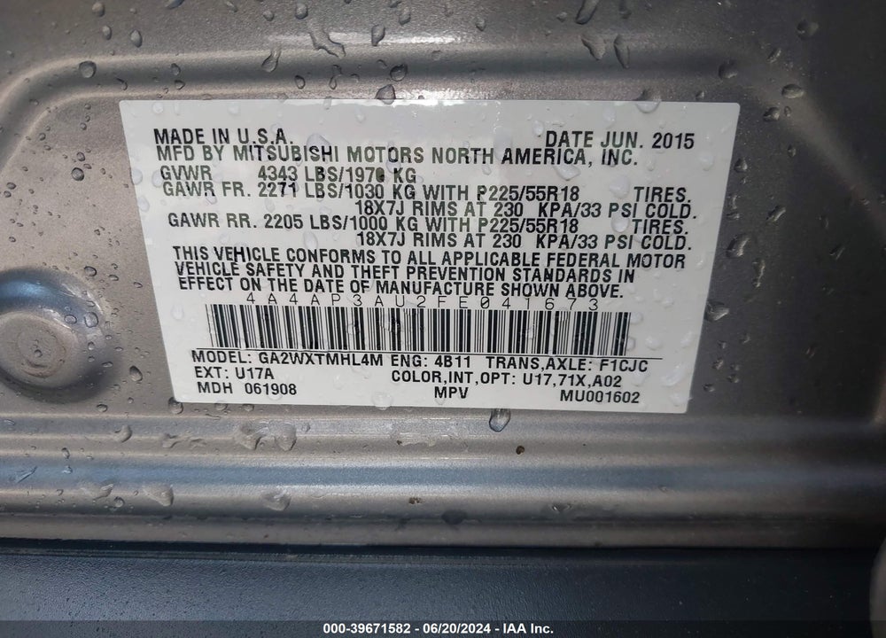 2015 MITSUBISHI OUTLANDER SPORT ES VIN: 4A4AP3AU2FE041673
