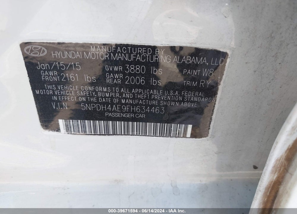 2015 HYUNDAI ELANTRA SE VIN: 5NPDH4AE9FH634463