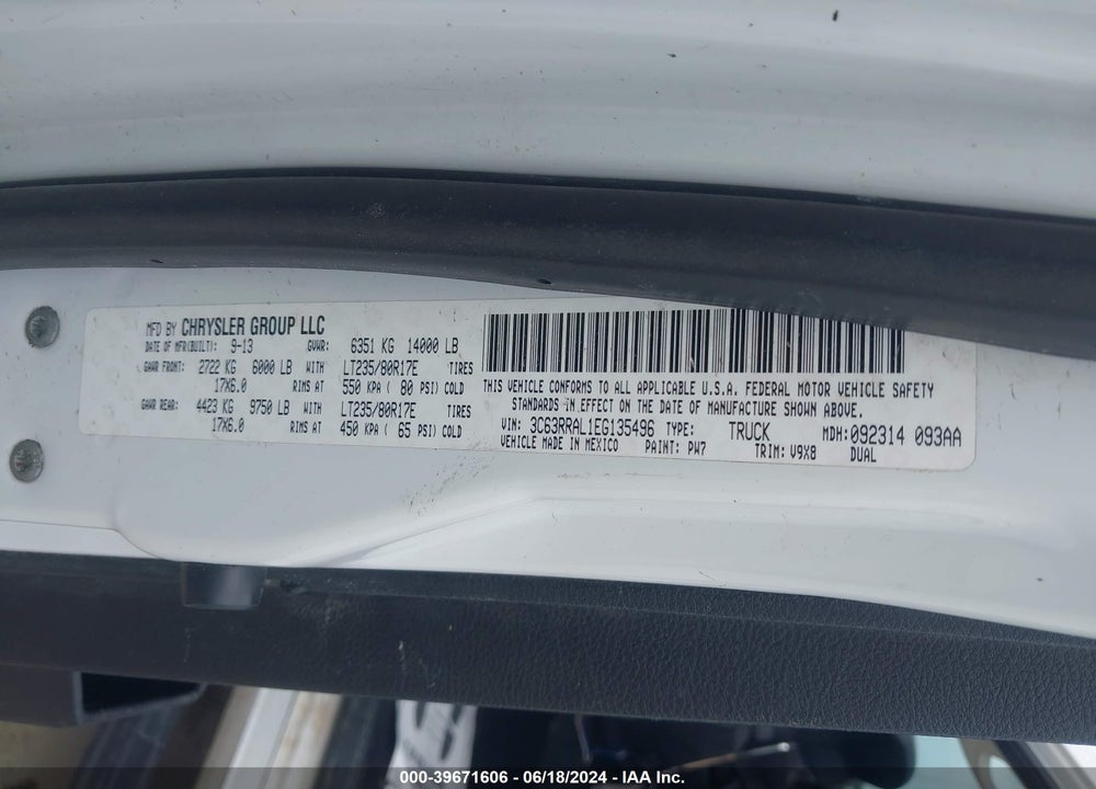 2014 RAM 3500 TRADESMAN VIN: 3C63RRAL1EG135496