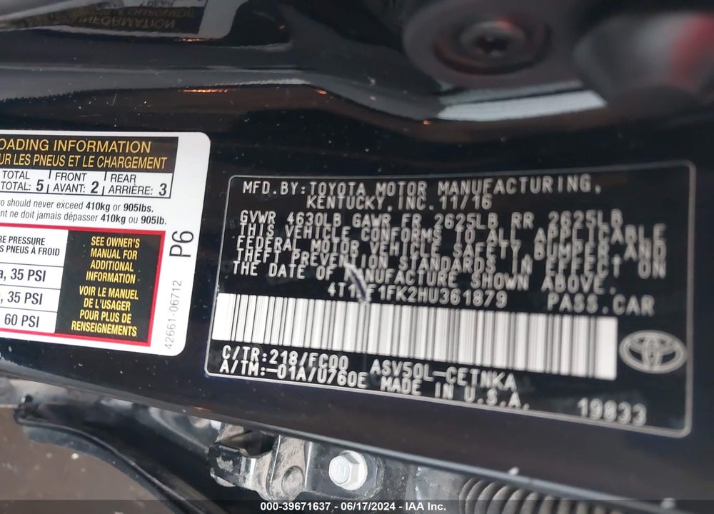 2017 TOYOTA CAMRY LE VIN: 4T1BF1FK2HU361879