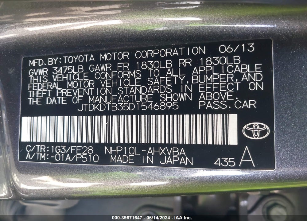 2013 TOYOTA PRIUS C VIN: JTDKDTB35D1546895