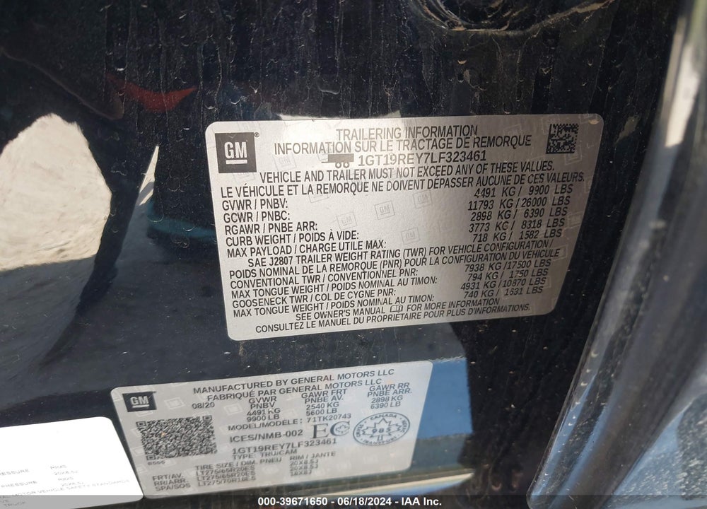 2020 GMC SIERRA 2500HD 4WD  LONG BED DENALI/4WD  STANDARD BED DENALI VIN: 1GT19REY7LF323461