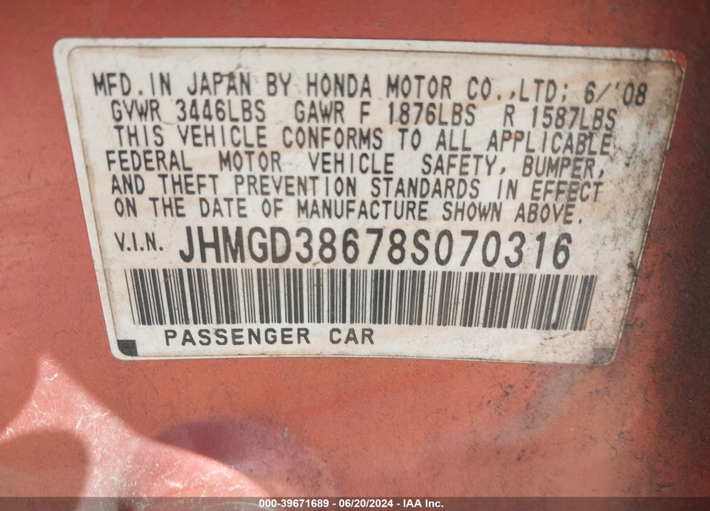2008 HONDA FIT SPORT VIN: JHMGD38678S070316