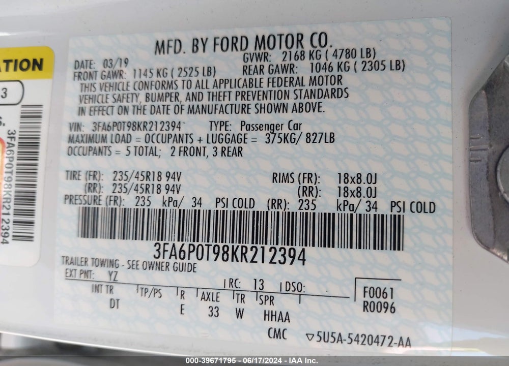 2019 FORD FUSION SE VIN: 3FA6P0T98KR212394