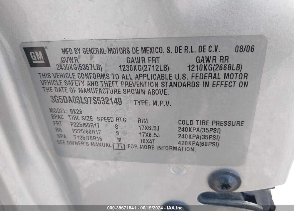 2007 BUICK RENDEZVOUS CX VIN: 3G5DA03L97S532149