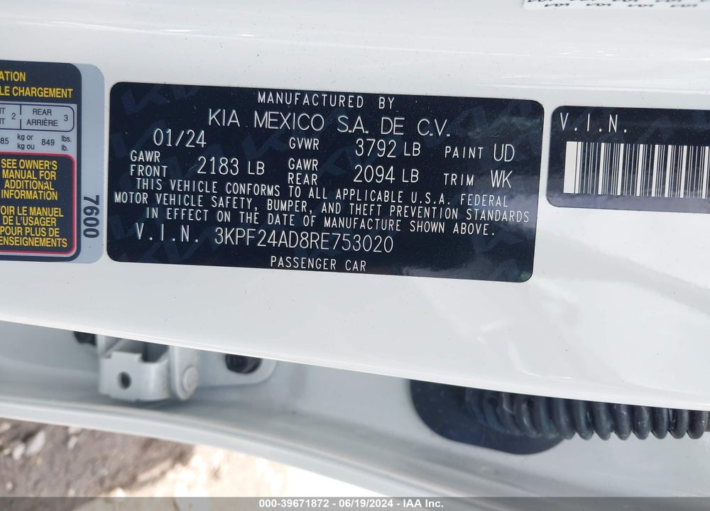 2024 KIA FORTE LX VIN: 3KPF24AD8RE753020
