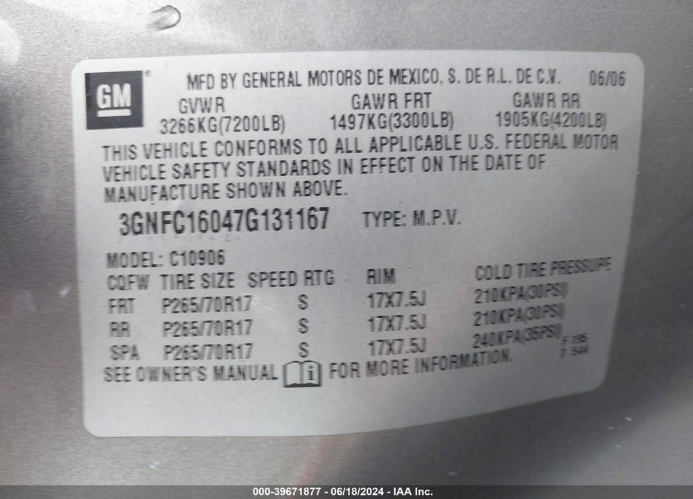 2007 CHEVROLET SUBURBAN 1500 LT VIN: 3GNFC16047G131167