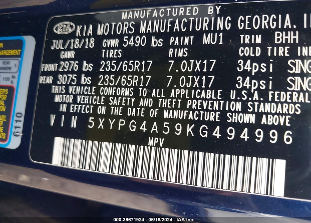 2019 KIA SORENTO 3.3L LX VIN: 5XYPG4A59KG494996