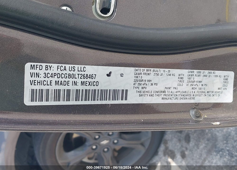2020 DODGE JOURNEY VIN: 3C4PDCGB0LT268467
