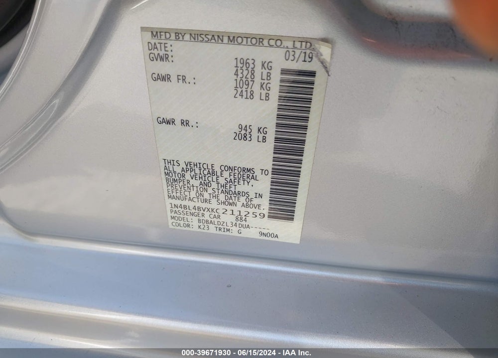 2019 NISSAN ALTIMA 2.5 S VIN: 1N4BL4BVXKC211259
