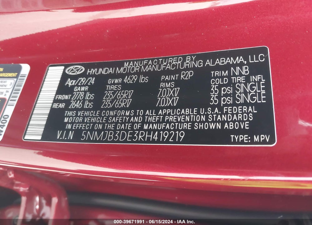 2024 HYUNDAI TUCSON SEL VIN: 5NMJB3DE3RH419219
