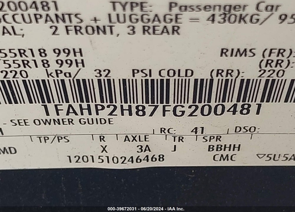 2015 FORD TAURUS SEL VIN: 1FAHP2H87FG200481